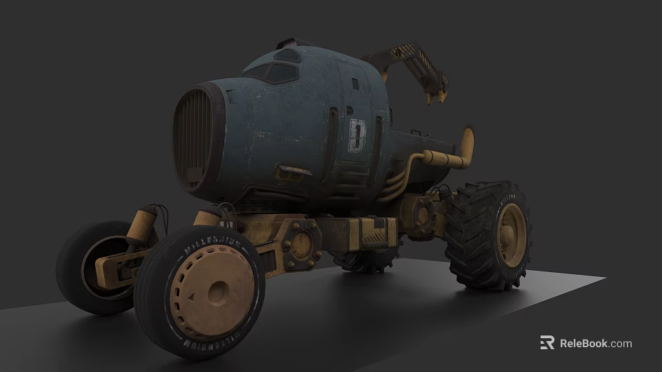 Vintage Industrial Blue And Yellow Car With Large Tires And Mechanical Arm Design 3d model 
