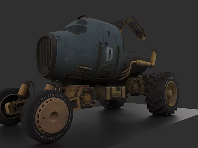 Vintage Industrial Blue And Yellow Car With Large Tires And Mechanical Arm Design 3d model
