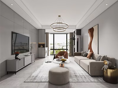 Contemporary Living Dining Room With Beige Sofa Large TV Round Coffee Table And Pendant Light 3d model
