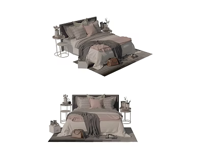 Stylish Double Bed With Cozy Bedding Bedside Tables And Area Rug 3d model