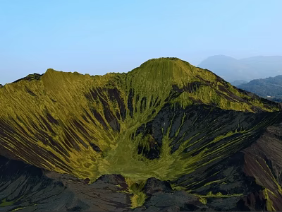 Green And Black Striated Volcanic Crater Slopes Under Clear Blue Sky 3d model