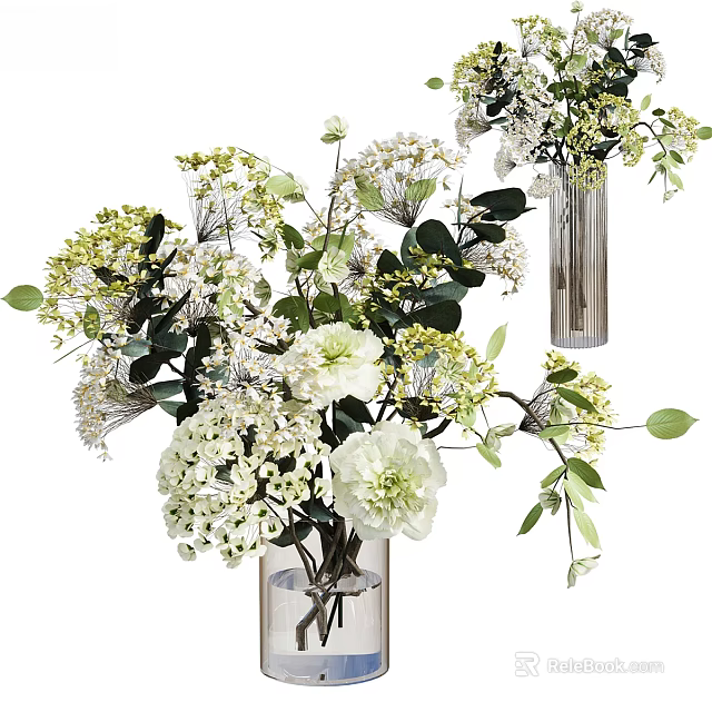 Decorative White and Green Floral Arrangement in Transparent Glass Vase with Fresh Leaves 3d model 