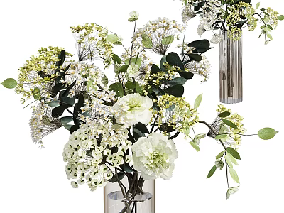 Decorative White and Green Floral Arrangement in Transparent Glass Vase with Fresh Leaves 3d model