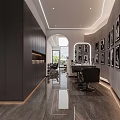 Modern Beauty Hair Salon Interior With Gray Sofa Round Mirrors Black Chairs And Marble Flooring