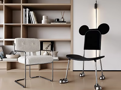 Modern Interior Design Featuring Beige Black Accent Chairs Metal Frame Round Base 3d model