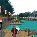 Riverside Waterfront Area With Moored Boats Trees Pedestrian Paths And Buildings