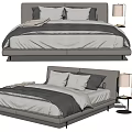 Modern Double Bed Design With Beige Frame White And Grey Bedding And Side Table Lamp