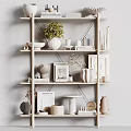 Minimalist Decorative Ornament Combination on White Layered Shelf with Green Plant Vases Frames Books Sculptures