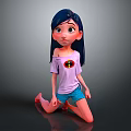 Girl with long blue hair in pink T-shirt and blue shorts kneeling on gray background
