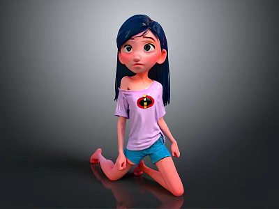 Girl with long blue hair in pink T-shirt and blue shorts kneeling on gray background 3d model