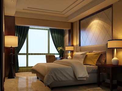 Elegant Hotel Guest Room Interior With King Bed Decorative Headboard And Bedside Lamps 3d model