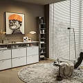 White Modern Dresser In Living Room With Painting Bookshelf Floor Lamp And Plant