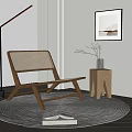 Minimalist Wooden Lounge Chair With Woven Seat Side Table Floor Lamp And Wall Art
