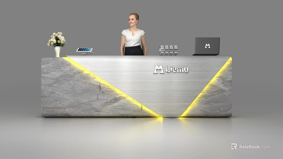 Modern Marble Reception Desk with Yellow LED Lights Vase Tablet Laptop and Mentu Logo 3d model 