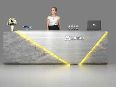 Modern Marble Reception Desk with Yellow LED Lights Vase Tablet Laptop and Mentu Logo 3d model