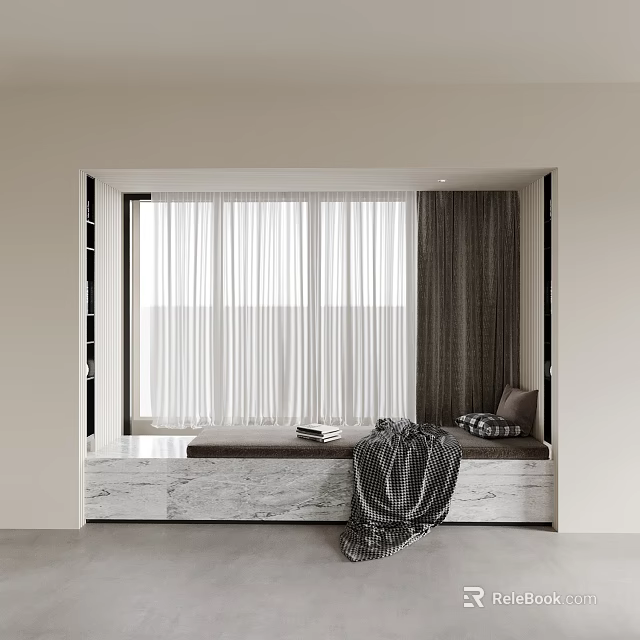 Cozy Modern Bay Window Interior Featuring Marble Sill Sheer Curtains Books Blanket And Pillows 3d model 