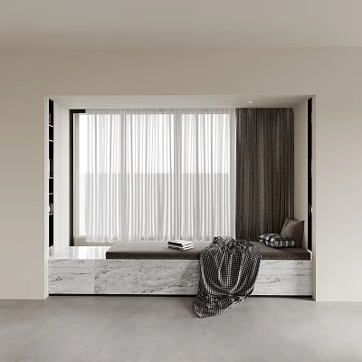Cozy Modern Bay Window Interior Featuring Marble Sill Sheer Curtains Books Blanket And Pillows 3d model