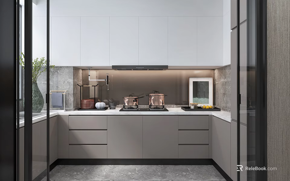 Modern Kitchen Interior With White Cabinets Gray Countertop And Appliances 3d model 