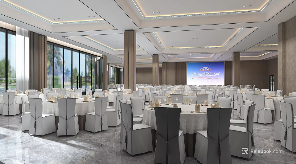 Spacious Banquet Hall With Elegant Tables Chairs White Tablecloths Columns And Modern Lighting 3d model 