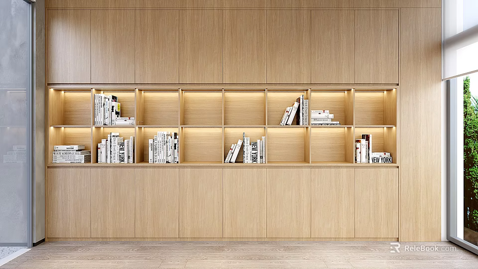 Modern Wooden Bookcase Interior Design With LED Lighting Shelves And Books 3d model 