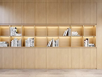 Modern Wooden Bookcase Interior Design With LED Lighting Shelves And Books 3d model