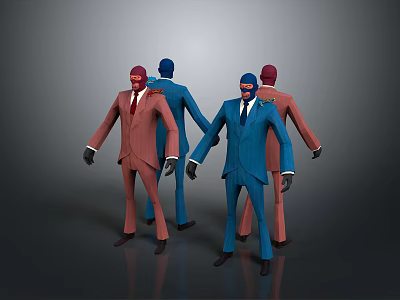Colorful Cartoon Character Suits In Red Blue With Headgear On Grey Background 3d model