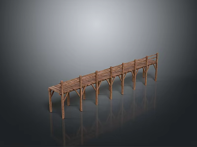 Long Wooden Bridge Architectural Structure With Supporting Pillars And Wooden Planks 3d model