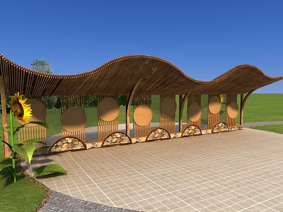 Wavy Wooden Pergola With Circular Decorations And Benches In Green Grass Field Under Blue Sky 3d model
