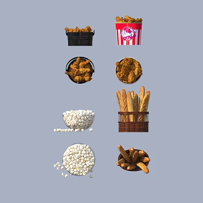 Assorted Delicious Fast Food Snacks With Fried Chicken Popcorn Breadsticks And Fries 3d model
