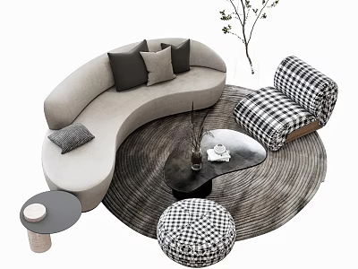 Curved Sofa And Round Coffee Table Set With Checkered Armchair Ottoman Pillows On Circular Rug 3d model