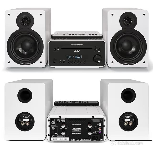 White Home Audio System With Bookshelf Speakers Central Receiver And Control Panel 3d model 