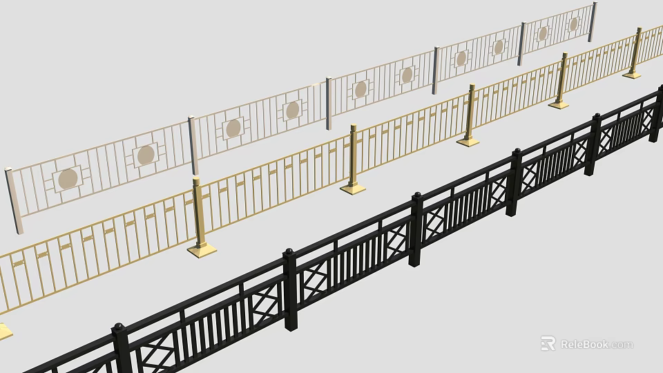Decorative Black and Gold Metal Railings Featuring Geometric Patterns and Support Posts 3d model