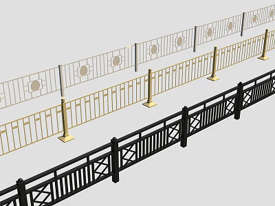 Decorative Black and Gold Metal Railings Featuring Geometric Patterns and Support Posts 3d model
