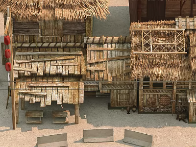 Rustic Thatched House Featuring Wooden Structure Straw Roof And Sandy Ground Platform 3d model
