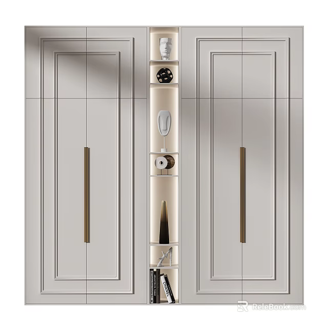 Modern Wardrobe Design With Double Doors Central Storage Shelves And Metal Handles 3d model 