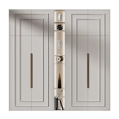 Modern Wardrobe Design With Double Doors Central Storage Shelves And Metal Handles 3d model