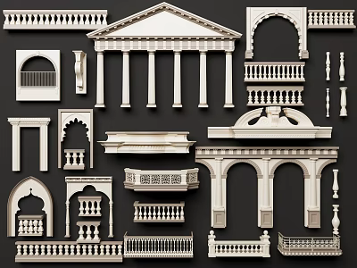 Various Classical Architectural Components Including Columns Balustrades Arches Window Frames Balconies and Ornamental Details 3d model