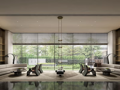 Modern Elegant Sales Office Interior Design With Large Windows Greenery View Sofas Chairs Coffee Tables 3d model