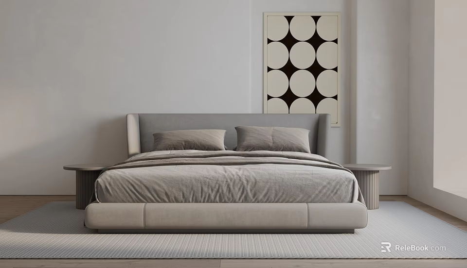 Light Gray Double Bed with Headboard Bedding Nightstands and Black White Circular Wall Art 3d model