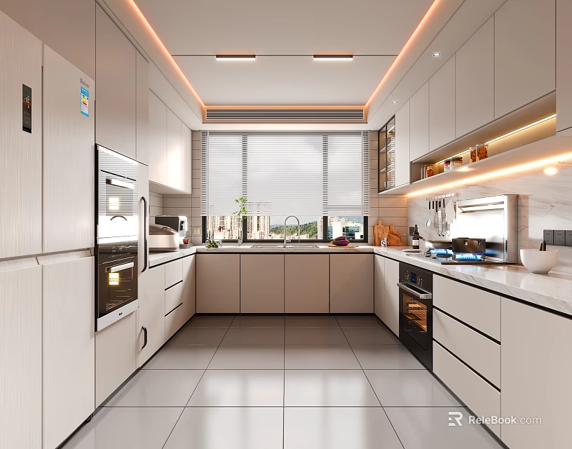 Modern Kitchen Interior With White Cabinets Island Counter And Stainless Steel Appliances 3d model 