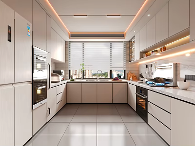 Modern Kitchen Interior With White Cabinets Island Counter And Stainless Steel Appliances 3d model
