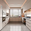 Modern Kitchen Interior With White Cabinets Island Counter And Stainless Steel Appliances