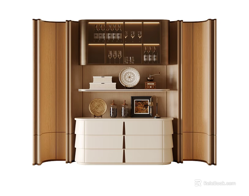 Elegant Wooden Sideboard With Glass Doors White Drawers And Decorative Items 3d model 