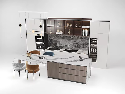 Elegant Modern Dining Table Set With Marble Countertop And Wooden Chairs 3d model
