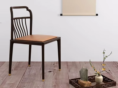 Dining Chair With Dark Wood Frame Vertical Slat Backrest And Brown Seat On Wooden Floor 3d model