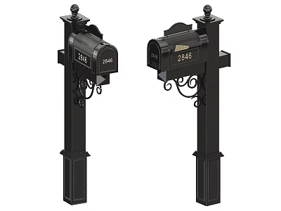 Black Post Mounted Mailboxes With Decorative Wrought Iron Details And House Numbers 3d model