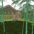 Traditional Thatched Roof Buildings With Watermill In Bamboo And Green Grass Setting