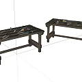 Two Rustic Wooden Coffee Tables With Various Tools Placed On Top