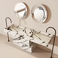 Modern Marble Wash Basin With Double Round Silver Mirrors On Sleek Black Metal Frame