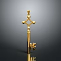 Golden Decorative Key With Cross Shaped Top Spherical Ornaments And Reflective Metallic Finish